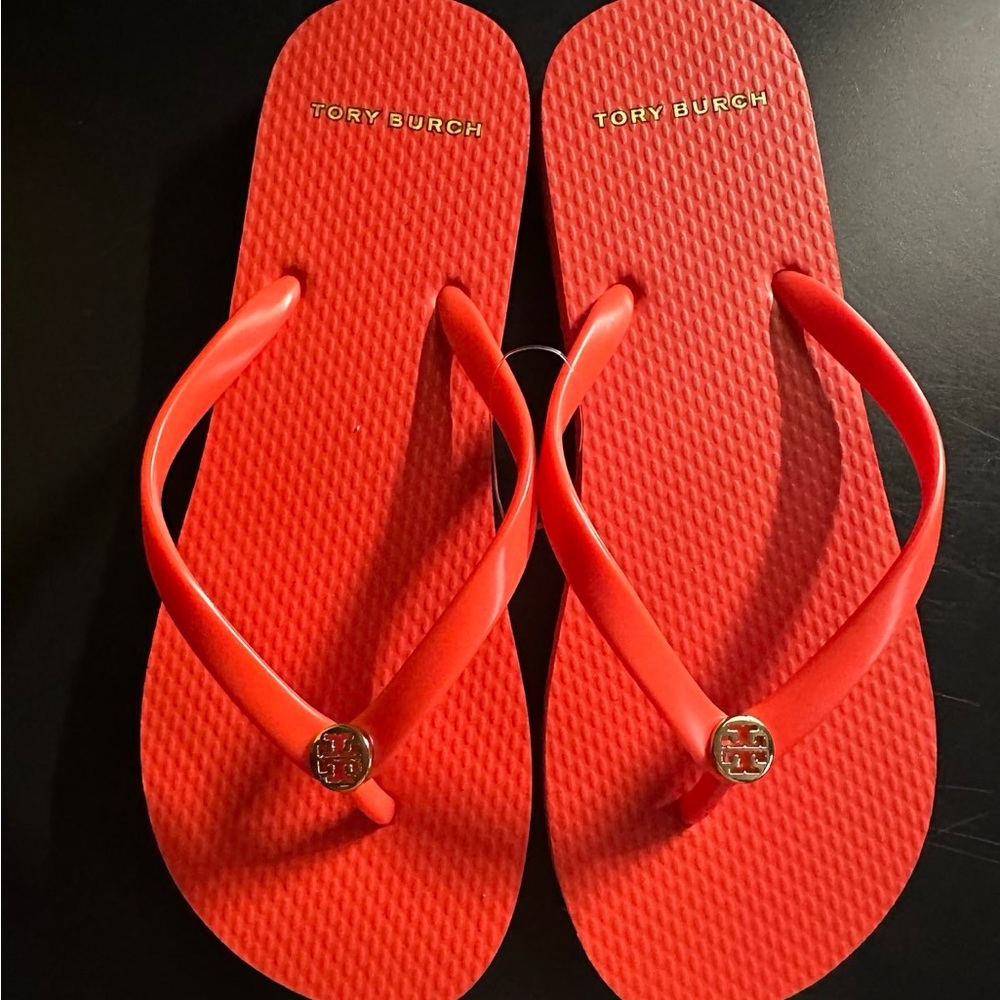 NWT Tory Burch PVC/ EVA Sole Bright Samba Flip Flop Sandal Gold Metal Logo Sz 7